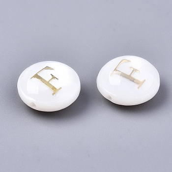 Natural Freshwater Shell Beads, with Golden Plated Brass Etched Metal Embellishments, Flat Round, Seashell Color, Letter.F, 8x3~5mm, Hole: 0.5~07mm