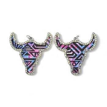Cattle Head Alloy &  Rhinestone & Imitation Leather Pendants, with Iron Jump Ring, Hot Pink, 46.5x46x3mm, Hole: 5mm