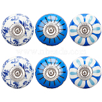 6Pcs 3 Styles Printing Porcelain Drawer Knobs, with Iron Finding and Screw, for Home, Cabinet, Cupboard and Dresser, Rondelle with Flower Pattern, Marine Blue, 2-1/2 inch(65mm), Ceramic: 40x28mm, 2pcs/style(FIND-GA0001-29C)