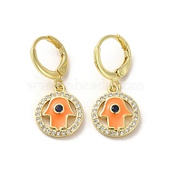 Hamsa Hand Real 18K Gold Plated Brass Dangle Leverback Earrings, with Enamel and Cubic Zirconia, Orange, 27x12mm(EJEW-Q797-10G-04)