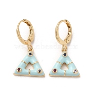 Triangle Real 18K Gold Plated Brass Dangle Leverback Earrings, with Enamel and Cubic Zirconia, Light Blue, 27x13.5mm(EJEW-L268-030G-03)