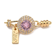 Brass Micro Pave Clear Cubic Zirconia Fold Over Clasps, Flat Round, Real 18K Gold Plated, Pearl Pink, 35x6.5x5.5mm, Hole: 1.2mm(KK-U037-24G-01)