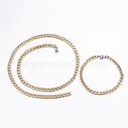 304 Stainless Steel Jewelry Sets, Textured Curb Chain Bracelets & Necklaces, with Lobster Claw Clasps, Golden & Stainless Steel Color, 23.62 inches(60cm), 8-5/8 inches(220mm)(SJEW-H067-08GP)