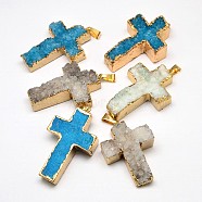 Electroplate Rough Gemstone Natural Drusy Crystal Pendants, with Brass Findings, Golden Plated, Cross, Dyed, Mixed Color, 48~60x32~40x5~20mm, Hole: 4x9mm(G-L133-01)
