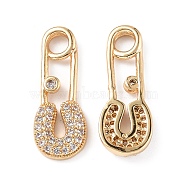 Brass Micro Pave Clear Cubic Zirconia Pendants, Brooch Charms, Real 18K Gold Plated, 18.5x7x2mm, Hole: 2.5mm(KK-E068-VF262)