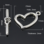 Brass Toggle Clasps, Platinum Color, Heart: 23x17x2mm, hole: 2mm, Bar: 25x6mm, hole: 2mm.(KK-H648-N)