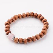 Wood Stretch Bracelets, with Natural Rose Quartz Beads and Metal Findings, Pink, 55mm(BJEW-JB02404-03)