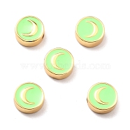 Brass Enamel Beads, Real 18K Gold Plated, Long-Lasting Plated, Cadmium Free & Lead Free, Flat Round with Moon Pattern, Pale Green, 10x3.5mm, Hole: 1.6mm(KK-D068-01G-02-RS)