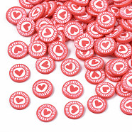 Handmade Polymer Clay Cabochons, Fashion Nail Art Decoration Accessories, FLat Round with Heart, Red, 5~6x0.5mm, about 40000pcs/1000g(CLAY-N006-68)