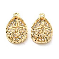 Brass Micro Pave Cubic Zirconia Pendant, Oval with Star, Real 18K Gold Plated, 15x10x4.5mm, Hole: 1.2mm(KK-H460-06G)