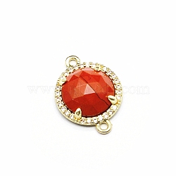 Natural Red Jasper Connector Charms, Half Round Links, with Golden Brass Findings and Cubic Zirconia, Faceted, 18x13x5mm(PW-WGD2653-09)