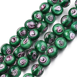 Handmade Lampwork Beads Strands, Round with Flower, Medium Sea Green, 9.5mm, Hole: 1.5mm, about 50pcs/strand, 18.90 inch(48cm)(LAMP-N021-45B)