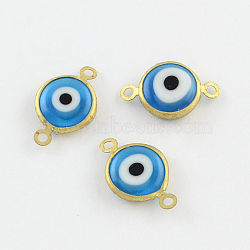 Flat Round Evil Eye Handmade Lampwork Links connectors, with Golden Tone Brass Findings, Deep Sky Blue, 13x6~7x3mm, Hole: 1mm(LAMP-R117-01E)