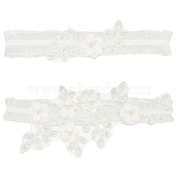 2Pcs Flower Pattern Polyester Lace Elastic Bridal Garters, with Plastic Pearl, Wedding Garment Accessories, White, 180~200x55~90x7.5~9mm(AJEW-WH0007-30)