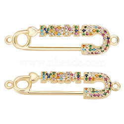 5Pcs Mother's Day Theme Brass Micro Pave Colorful Cubic Zirconia Connector Charms, Safety Pin Shaped Links with Word MOM, Golden, 10x38.5x2.5mm, Hole: 1.5mm(ZIRC-BBC0001-59)