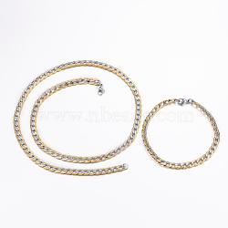 304 Stainless Steel Jewelry Sets, Textured Curb Chain Bracelets & Necklaces, with Lobster Claw Clasps, Golden & Stainless Steel Color, 23.62 inch(60cm), 8-5/8 inch(220mm)(SJEW-H067-08GP)