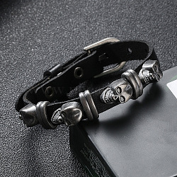 Cowhide Cord Bracelets, Alloy Skull Rivets Bracelets, Black, 10-1/4 inch(26cm)(PW-WG51325-01)