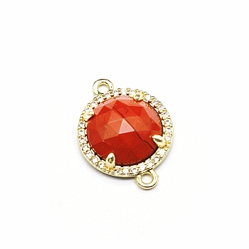 Natural Red Jasper Connector Charms, Half Round Links, with Golden Brass Findings and Cubic Zirconia, Faceted, 18x13x5mm