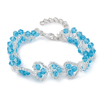 Heart Glass Seed Beaded Bracelets for Women, Deep Sky Blue, 6-3/4 inch(17cm)