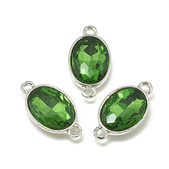 Alloy Glass Links connectors, Faceted, Oval, Platinum, Green, 22x12x6mm, Hole: 1.5mm