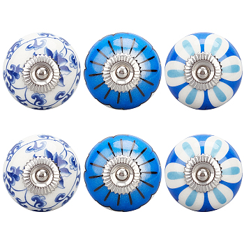 6Pcs 3 Styles Printing Porcelain Drawer Knobs, with Iron Finding and Screw, for Home, Cabinet, Cupboard and Dresser, Rondelle with Flower Pattern, Marine Blue, 2-1/2 inch(65mm), Ceramic: 40x28mm, 2pcs/style