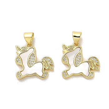 Brass Micro Pave Clear Cubic Zirconia Pendants, with Shell, Real 18K Gold Plated, Horse, 17x17x2mm, Hole: 5x3.5mm