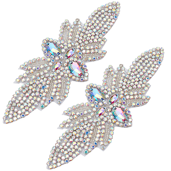 Flower Glass Seed Cloth Sew on Appliques, with Rhinestone, Sewing Craft Decoration, Crystal AB, 178x68x5.5mm