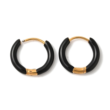 304 Stainless Steel & Enamel Hoop Earrings for Women, Ring, Golden, Black, 13x3mm