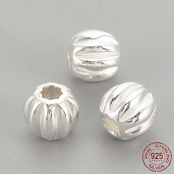 925 Sterling Silver Corrugated Beads, Round, Silver, 3x2.5mm, Hole: 1mm