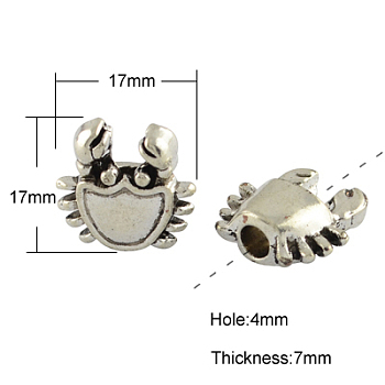 Tibetan Style Alloy European Beads, Large Hole Beads, Cadmium Free & Lead Free, Crab, Antique Silver, 17x17x7mm, Hole: 4mm