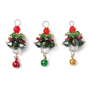 3Pcs 3 Colors Christmas Theme Glass Pendants, with Copper Wire, Golden, Christmas Trees Charms, Mixed Color, 40x16mm, Hole: 4mm, 1pc/color