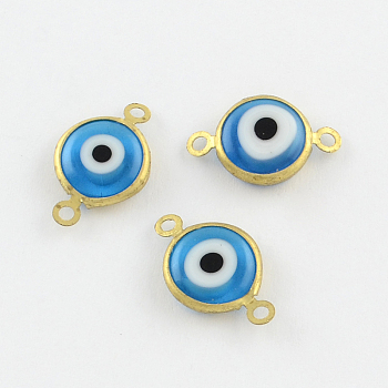 Flat Round Evil Eye Handmade Lampwork Links connectors, with Golden Tone Brass Findings, Deep Sky Blue, 13x6~7x3mm, Hole: 1mm