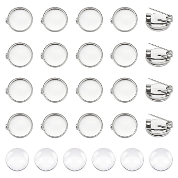 DIY Flat Round Blank Dome Brooch Making Kit, Including 304 Stainless Steel Brooch Settings, Glass Cabochons, Stainless Steel Color, 60Pcs/box