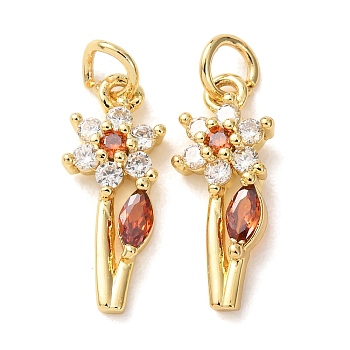 Brass Micro Pave Orange Red Cubic Zirconia Pendants, Flower Charms, Lead Free & Cadmium Free, Rack Plating, Long-Lasting Plated, Real 18K Gold Plated, 18x8x3.5mm, Hole: 3.3mm