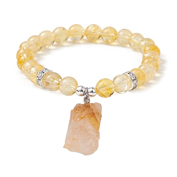 Natural Citrine & Synthetic Hematite Beaded Stretch Bracelet, with Nugget Charms, Inner Diameter: 2-1/2 inch(6.2cm)