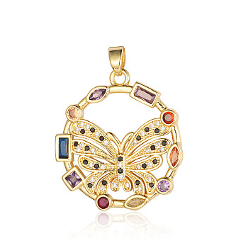 Brass Micro Pave Colorful Cubic Zirconia Pendants, Butterfly Charms, Real 18K Gold Plated, 28x25x2mm