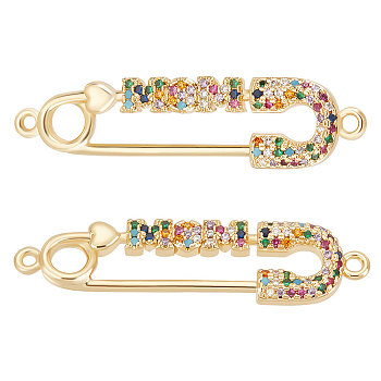 5Pcs Mother's Day Theme Brass Micro Pave Colorful Cubic Zirconia Connector Charms, Safety Pin Shaped Links with Word MOM, Golden, 10x38.5x2.5mm, Hole: 1.5mm