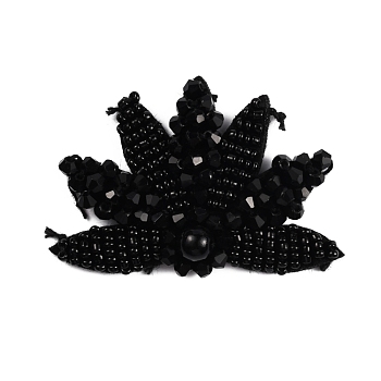 Leaf Felt Sew on Appliques, Glass Beaded Patches, with Imitation Pearl, for DIY Dress, Shoes, Garment, Decoration, Black, 41x60x10mm