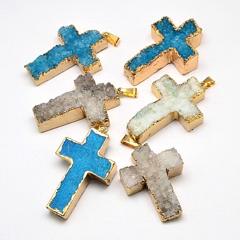 Electroplate Rough Gemstone Natural Drusy Crystal Pendants, with Brass Findings, Golden Plated, Cross, Dyed, Mixed Color, 48~60x32~40x5~20mm, Hole: 4x9mm