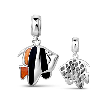 TINYSAND Rhodium Plated 925 Sterling Silver Tropical Fish Charm European Dangle Charms, Platinum, 24.32x14.13x4.84mm, Hole: 4.42mm