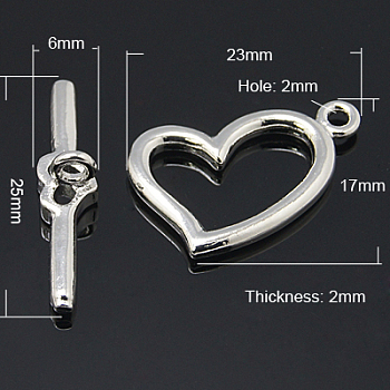 Brass Toggle Clasps, Platinum Color, Heart: 23x17x2mm, hole: 2mm, Bar: 25x6mm, hole: 2mm.