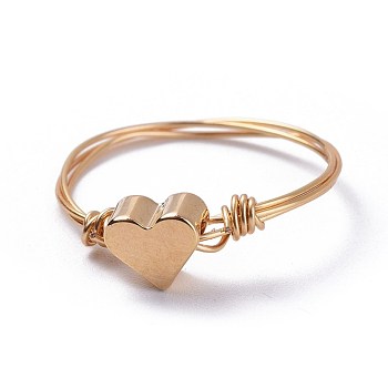 Heart Brass Rings, with Eco-Friendly Copper Wire, Real 18K Gold Plated, US Size 8 1/2(18.5mm), 1mm