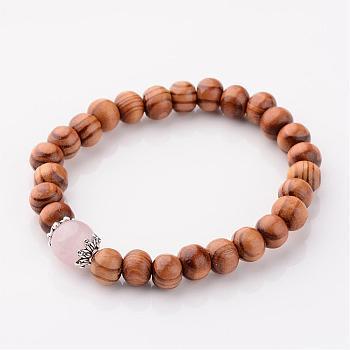 Wood Stretch Bracelets, with Natural Rose Quartz Beads and Metal Findings, Pink, 55mm