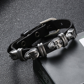 Cowhide Cord Bracelets, Alloy Skull Rivets Bracelets, Black, 10-1/4 inch(26cm)