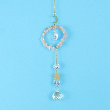 Glass & Brass Pendant Decorations, Suncatchers, Rainbow Makers, with Chips Rose Quartz, for Home Decoration, 400mm