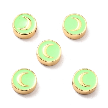 Brass Enamel Beads, Real 18K Gold Plated, Long-Lasting Plated, Cadmium Free & Lead Free, Flat Round with Moon Pattern, Pale Green, 10x3.5mm, Hole: 1.6mm