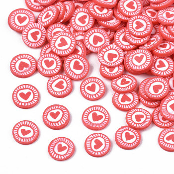 Handmade Polymer Clay Cabochons, Fashion Nail Art Decoration Accessories, FLat Round with Heart, Red, 5~6x0.5mm, about 40000pcs/1000g