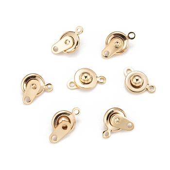 201 Stainless Steel Snap Clasps, Flat Round, Real 24k Gold Plated, 15x9x5mm, Hole: 1.5mm and 2mm