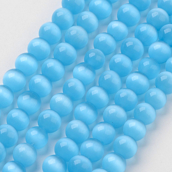 Cat Eye Beads, Round, Deep Sky Blue, 6mm, Hole: 1mm, about 66pcs/strand, 15.5 inch