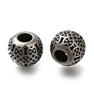 304 Stainless Steel European Beads, Large Hole Beads, Round with Flower, Antique Silver, 9.5x8mm, Hole: 4mm(STAS-D191-14B-AS)